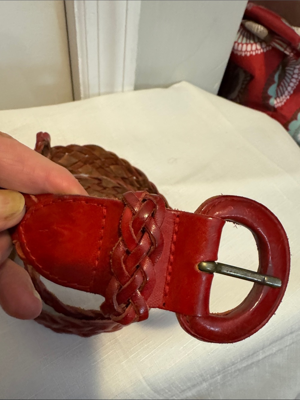 Braided Red Leather Women’s Belt with Round Buckle